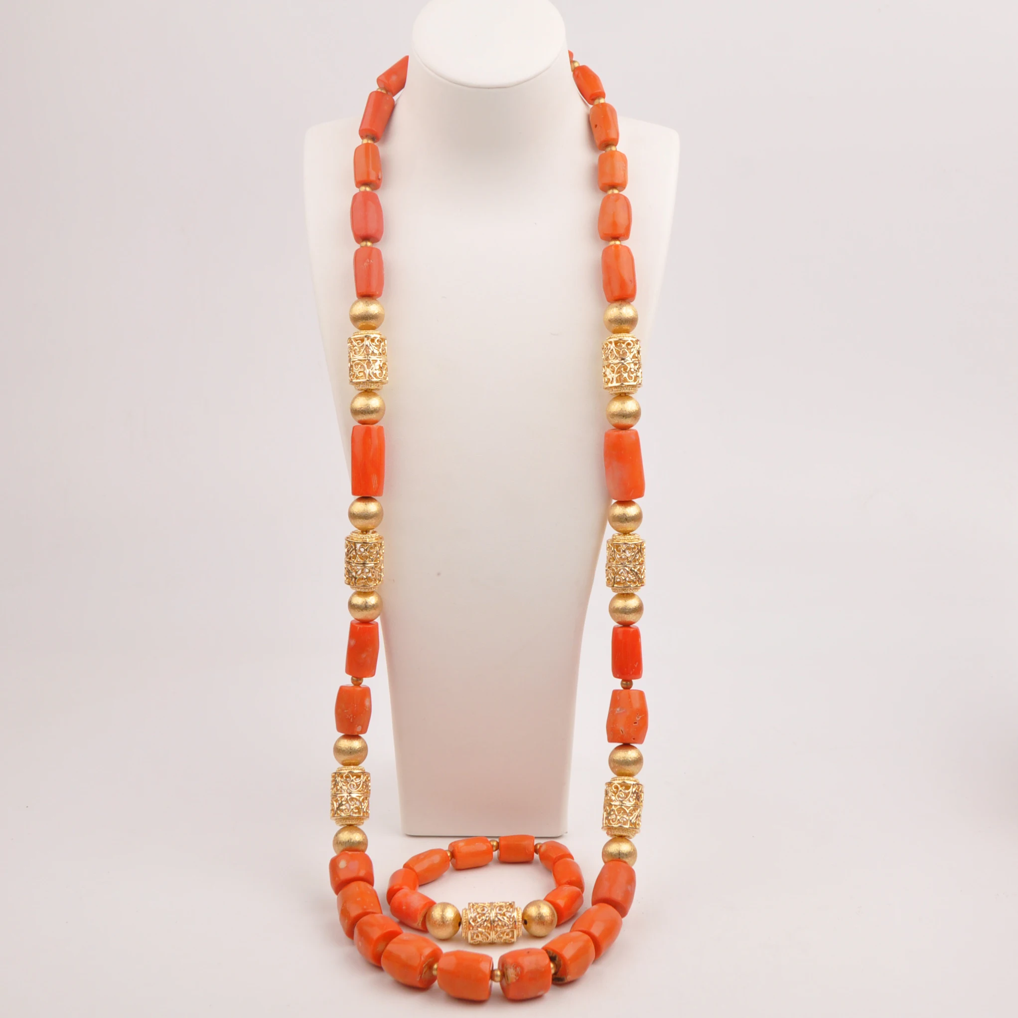 

Classic Nigerian bride wedding jewelry African wedding men's natural orange coral necklace newlyweds jewelry set SHXY-48