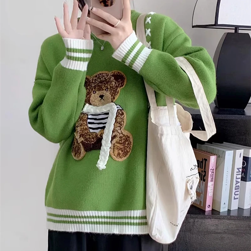 Vintage Side Seam Line Cute Bear Embroidery Sweater for Girls Varsity Students Kawaii Hoodies Coat Harajuku Couples Winter Tops