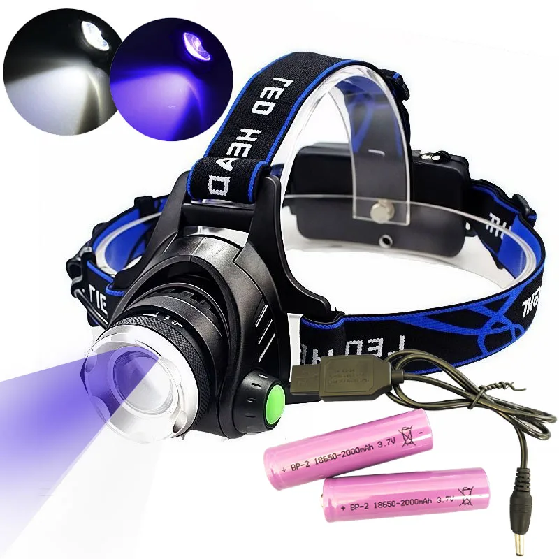 395nm UV White Dual LED Headlamp 18650 USB Rechargeable Zoom 5W Head Flashlight Torch for Outdoor Camping Scorpion Hunting