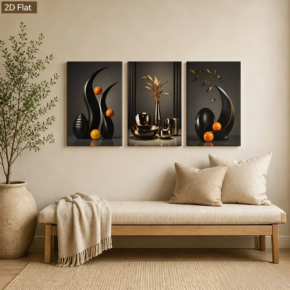 2D Flat, 2D Flat, 2D/Flat 3pcs Modern Abstract Curve Art Decor Painting, Luxury Black Golden Orange Contrast Wall Art for Ent
