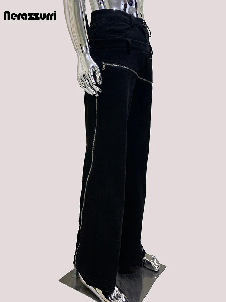 Mauroicardi Autumn Flowy Soft Matte Black Faux Suede Leather Pants for Men with Many Zippers Runway Fashion European Emo Clothes