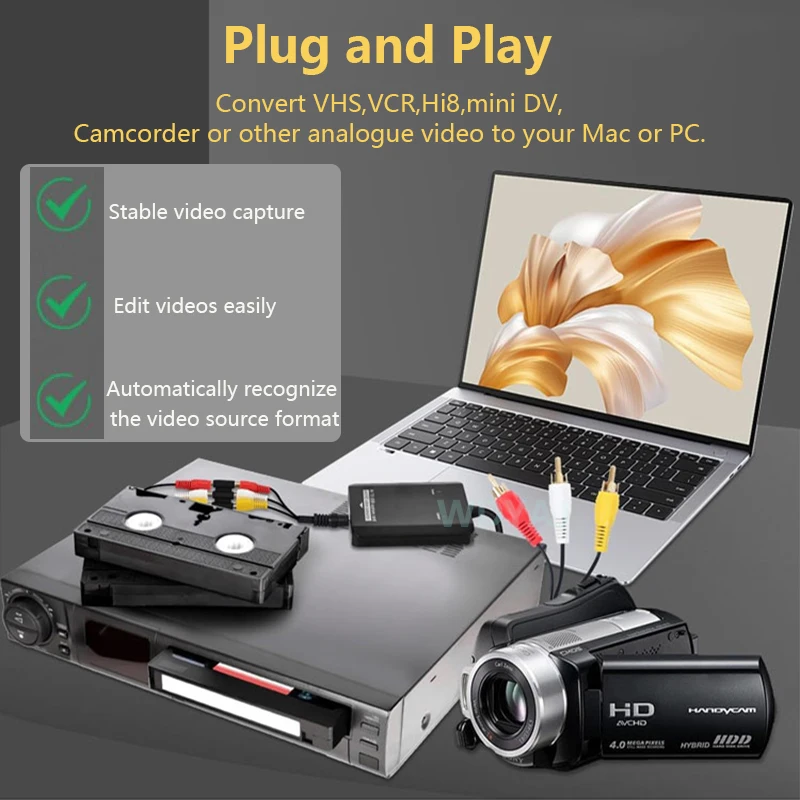 VHS إلى محول رقمي RCA إلى HDTV محول USB بطاقة التقاط الفيديو لـ VCR/DVD/AV/PS2/Wii لنظام التشغيل Windows Mac Linux AV إلى HDTV