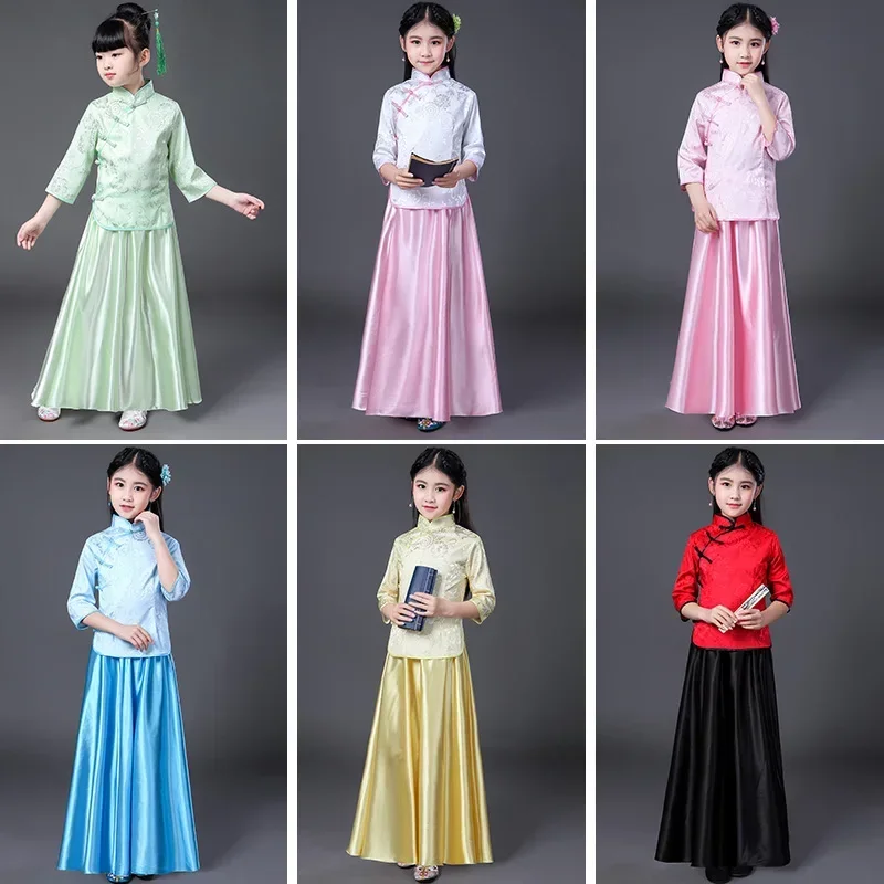 

Этнические детские комплекты Qipao для выступлений, детский костюм, одежда для маленьких девочек, летний костюм для девочек, топ Cheongsam, комплект с юбкой, детский комплект