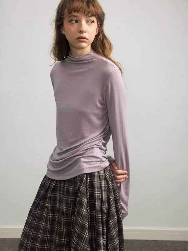 

Hello September New Silk Wool Clean Version Half High Collar Base Shirt Women H9775 Casual Style Slim Fit Pure Color Long Sleeve