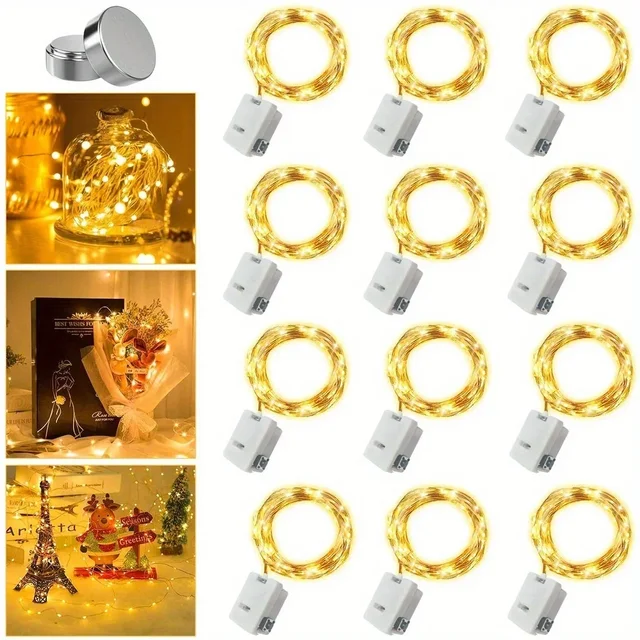 Zewnętrzne 10 sztuk wodoodpornych mini lampki fairy lights miedziane z 3 trybami świecenia do dekoracji świątecznych i użytku na zewnątrz, zasilane bateriami.