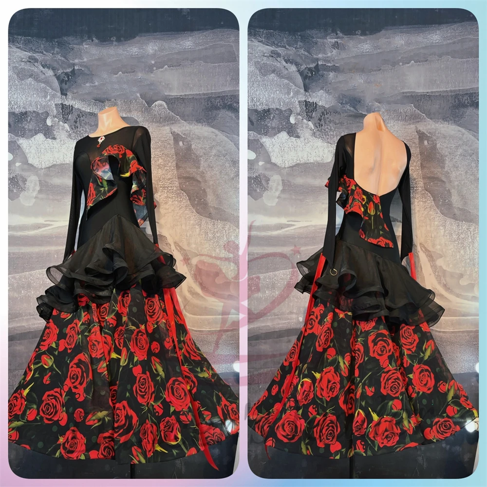 Latin Dance Adult Children'S Dress High-End Custom Rose Print Skirt Tango Women'S Professional Clothing