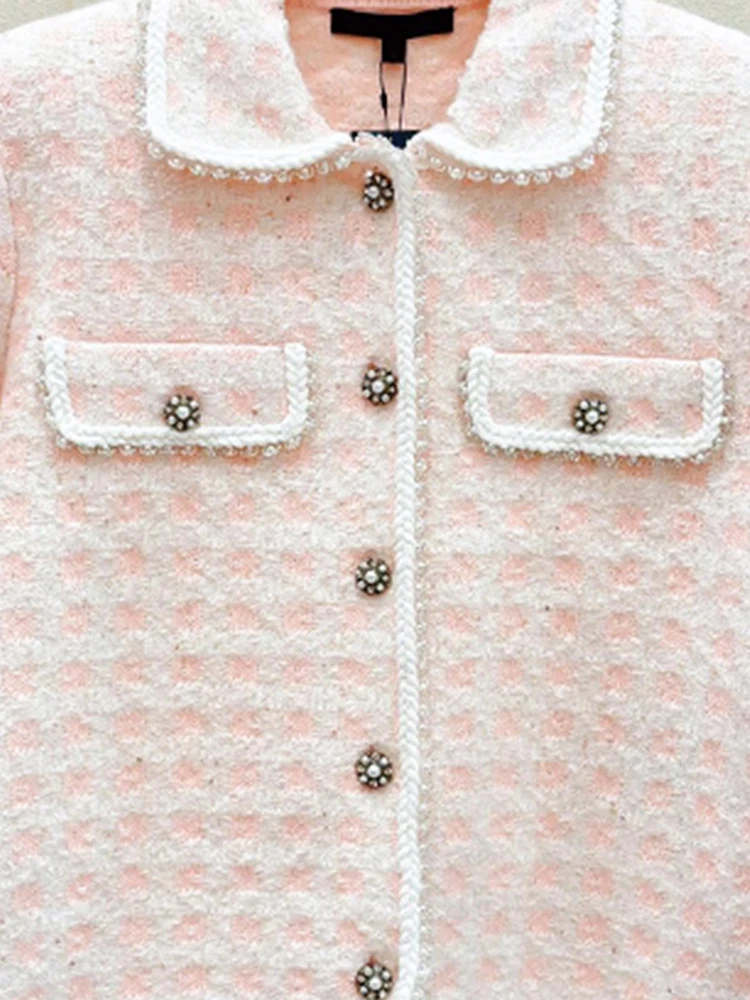 Maje Migi Moda Fena de Alta Qualidade Cardigan Aberto de Tweed Rosa Tricotado com Manga Longa Estilo com Botões Fibra de ...