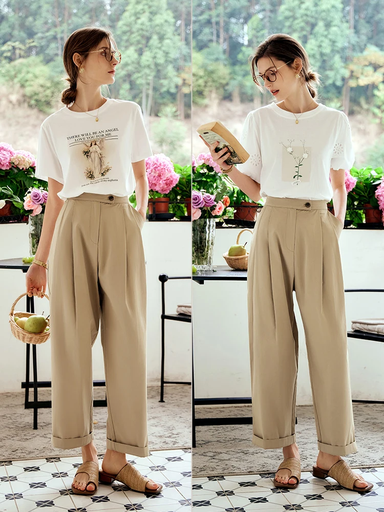 OLrain الصيف الكاكي سراويل تقليدية للنساء 2025 موضة فضفاضة عالية الخصر السراويل 100% القطن ركاب سراويلي حريمي O24XK82656 #3