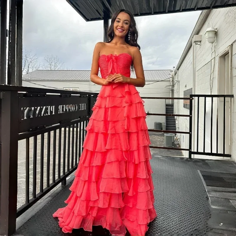 Charming Fuchsia A-Line Prom Dress Sweetheart Illusion Side Slit Tiered Party Gowns Floor-Length Evening Dresses Customized