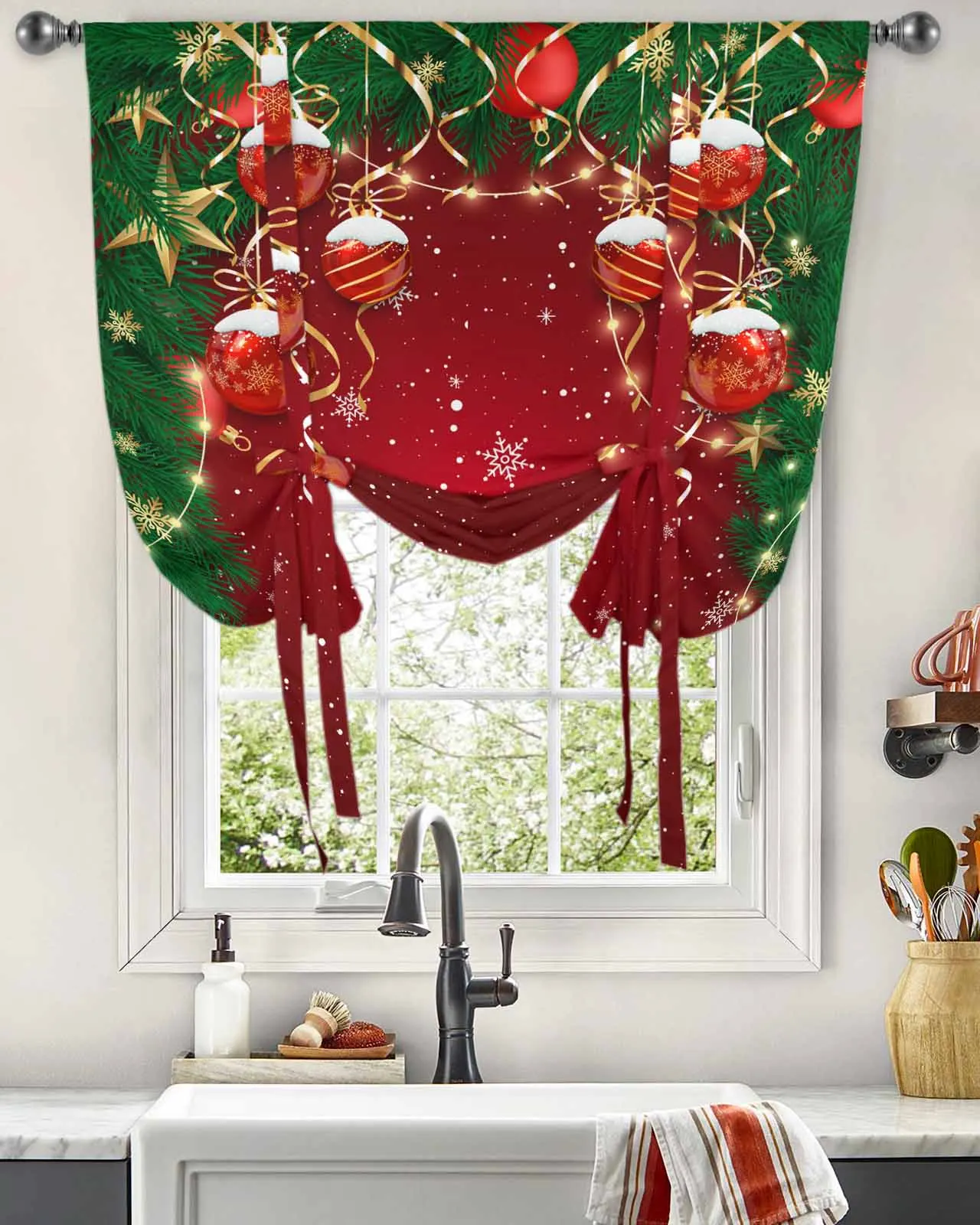 Christmas Light Balls Pine Branches Window Curtain for Living Room Kitchen Tie-up Roman Curtain Home Decor Blinds Drapes