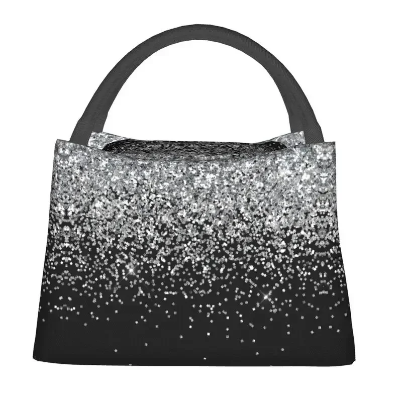 Borsa tote per il pranzo isolata scintillante di lusso con glitter argento per le donne Borsa termica portatile per il pranzo al sacco da lavoro