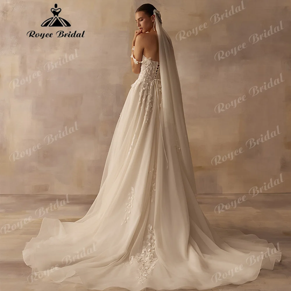 2027 Off Shoulder 3D Floral Tulle A Line Wedding Dress Corset Back Fairy Appliqued Flowy Bridal Gown Customized