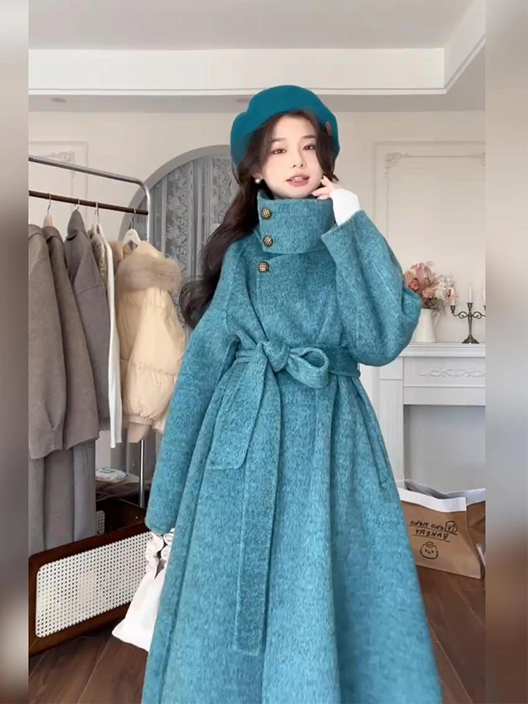plus Size Vintage Lady High End Woolen Coat Women Winter Hepburn Style mid Length Waist Cinched Tweed Coat Korean Style Long ...