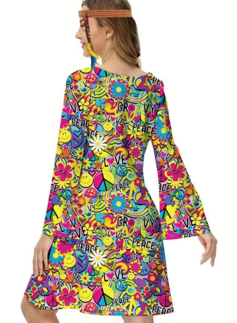 Vintage Carnival Hippie Costume Disco Hippie Clothes Women Colorful Floral Dress Bell Sleeve Cosplay Halloween Bar Party Stage