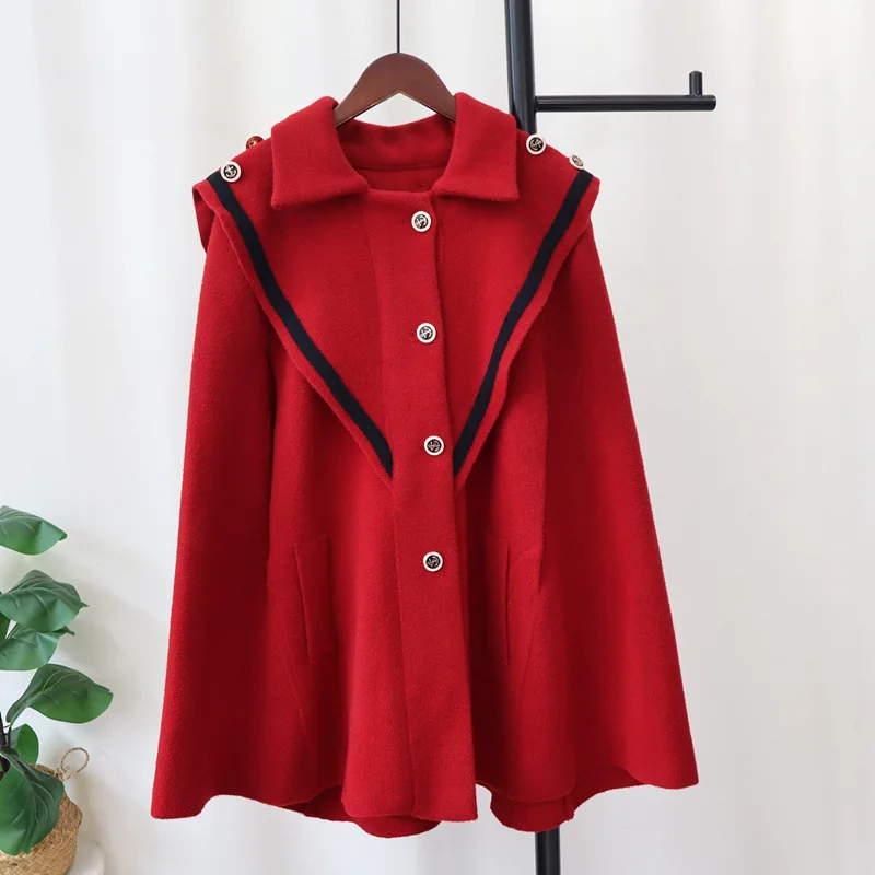 Women Wool Coat Shawl Turn Down Collar Single Breasted Blends Coats Solid Button Casual Pockets Cape Spliced Autumn Winter