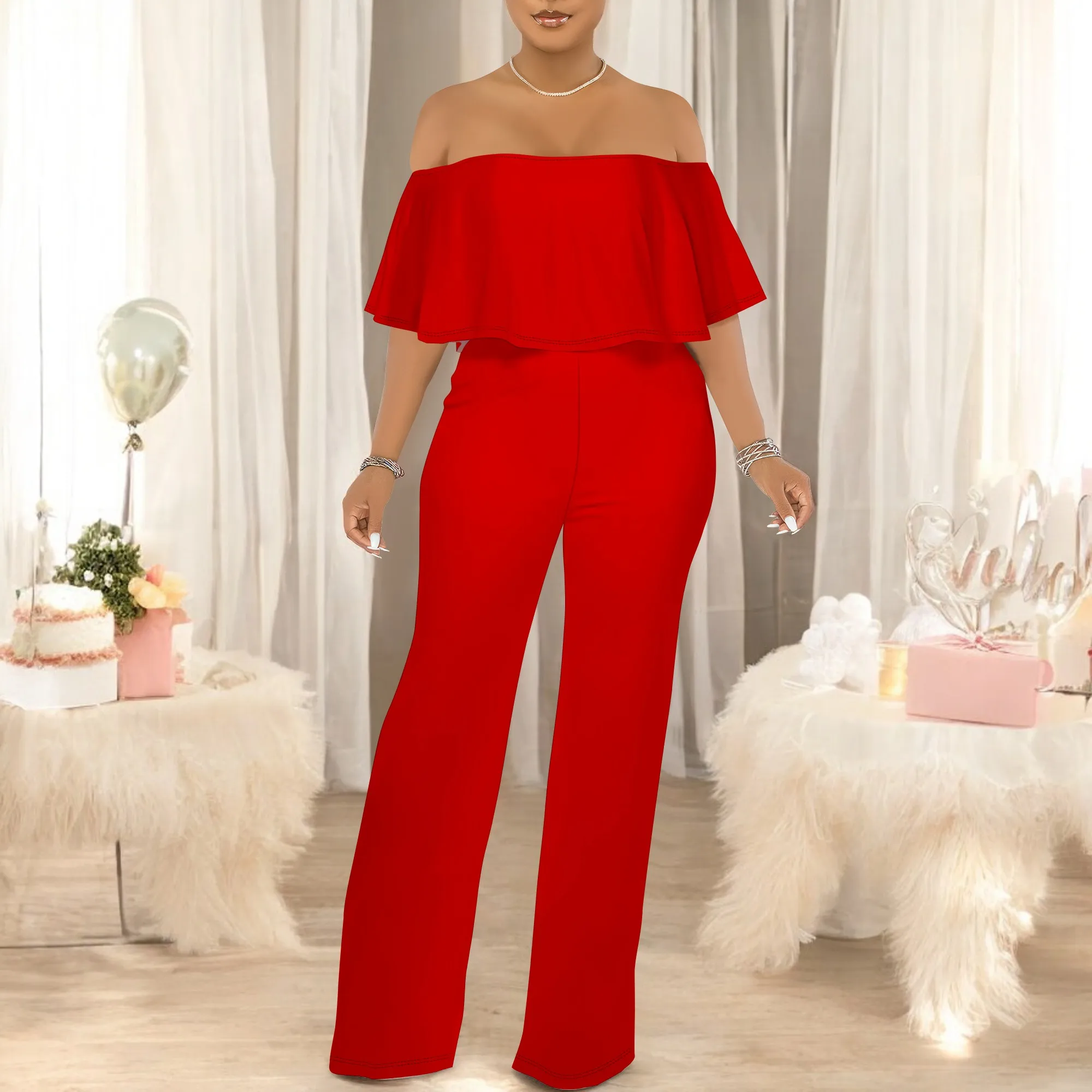 Off Shoulder Tube Top Ruffle Solid Color Jumpsuits for Women Wide Leg Pants Club Party Outfits Jumpsuit with Pockets