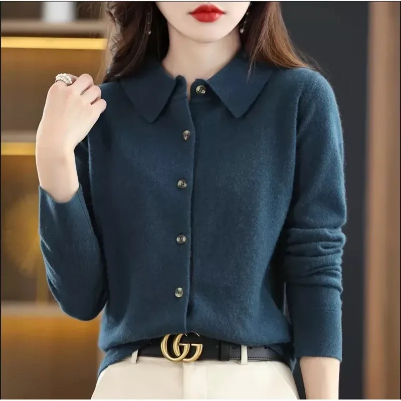 Autumn And Winter New Women\'s Cardigan Exquisite POLO Collar Long Sleeved Sweater Large Wool Knitted lapel Collar Sweater Purple