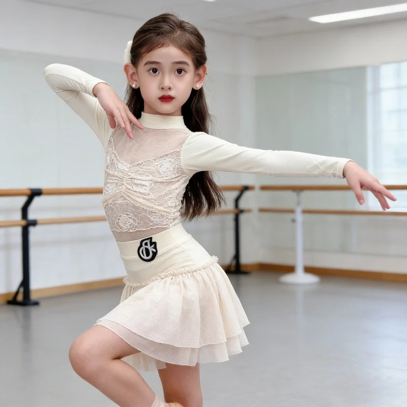 

2026 New Girls Latin Dance Dress Kids Autumn Winter Long Sleeve Professional Practice Performance Wear Performance Accessories