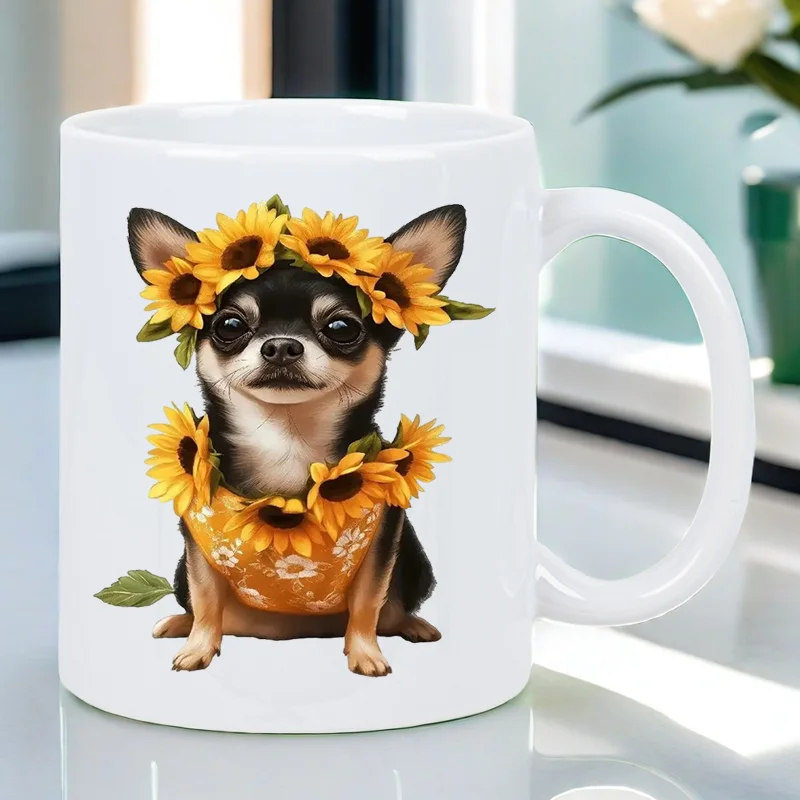 

Керамическая кофейная кружка Chihuahua с подсолнухами — изолированная многоразовая дорожная кружка, только для мытья рук, милый дизайн собаки для любителей кофе,