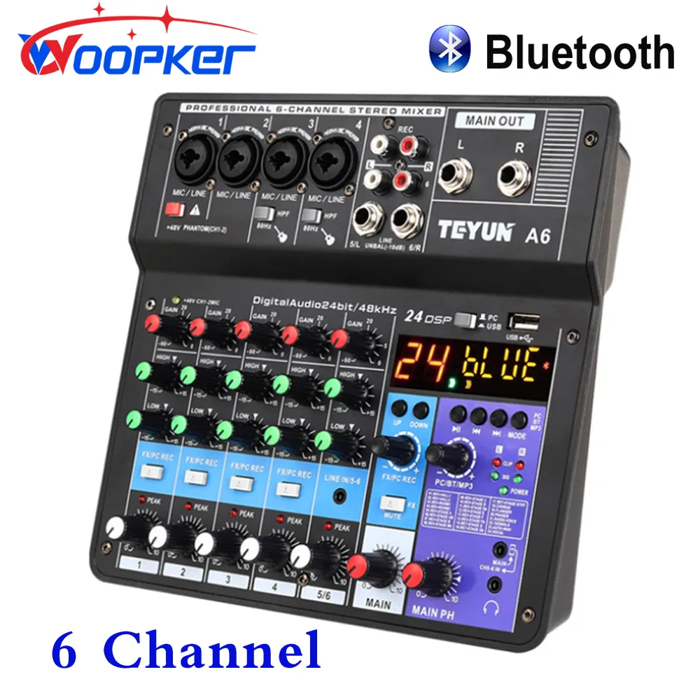 Woopker A6 Audio Mixing Console Sound Table 6 Channel Support USB Bluetooth Digital Input 48V Power for Karaoke Live Broadcast