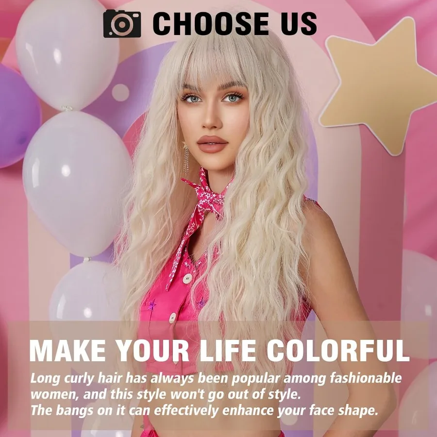 طويل البلاتين شقراء مجعد بيروكات صناعية مع الانفجارات للنساء والفتيات ألياف مقاومة للحرارة متموجة الأبيض قطع الشعر للحزب D #4