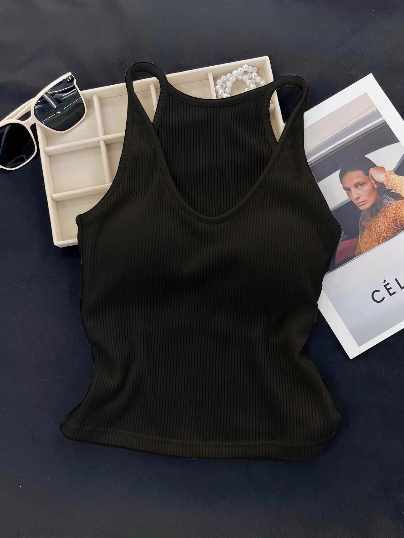 Summer New Women's Sleeveless U-Neck Cotton 95% Vest with Chest Pad Beautiful Back Large Size Strap Vest Inner Wear Top