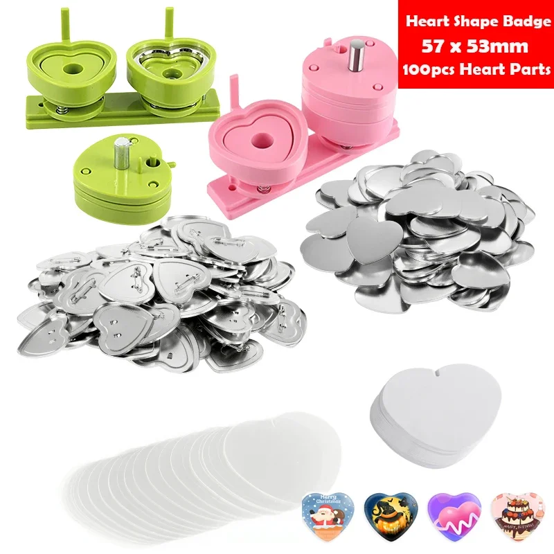 57x53mm Pink Green Button Badge Maker Machine Interchangeable Die Mould Heart Shape Badge Punching Die DIY Badges Birthday Gifts