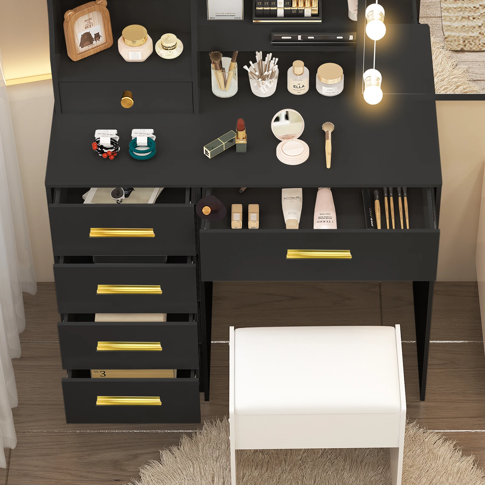 طقم طاولة تزيين مع كرسي مبطن بمرآة مكون من 6 أدراج للمكياج وغرفة النوم #5