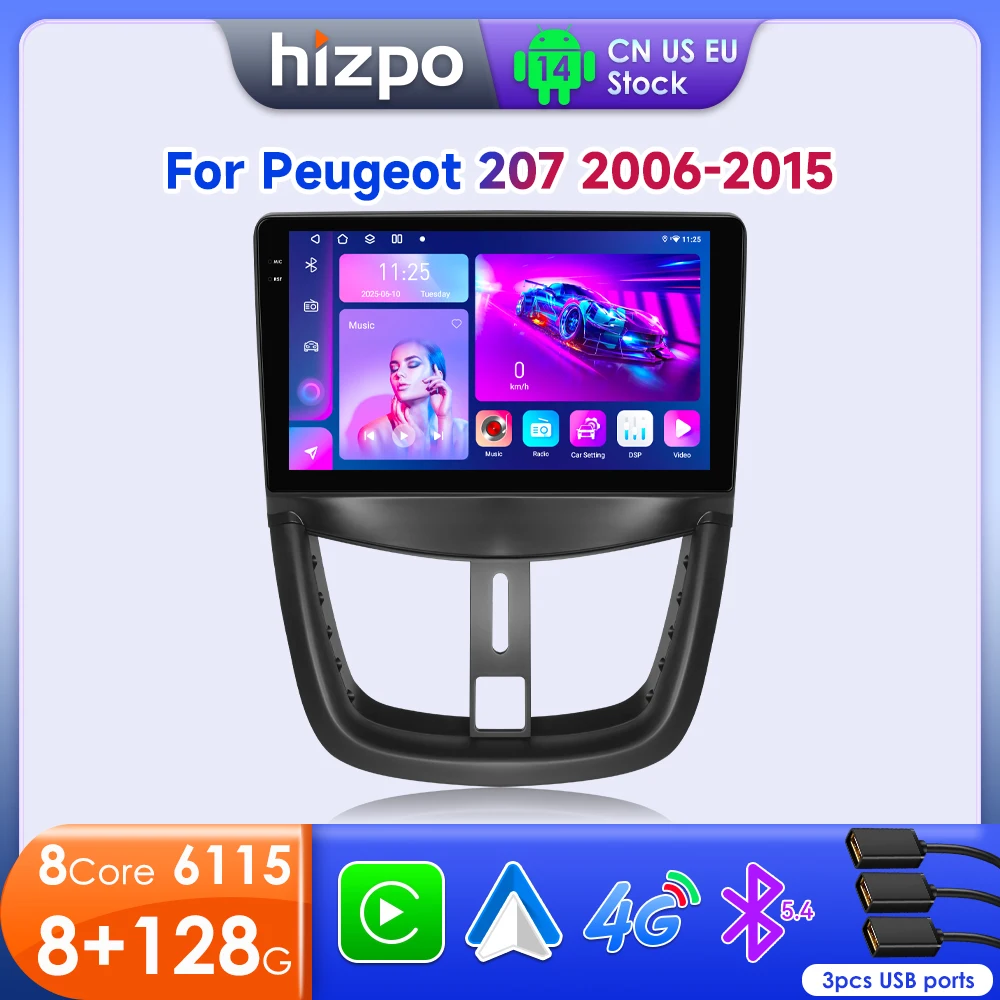 

Hizpo 2 Din Android 14 для PEUGEOT 207 207CC 2006-2015 Автомобильный радиоприемник Мультимедийный видеоплеер Навигация Авторадио CarPlay Стерео RDS