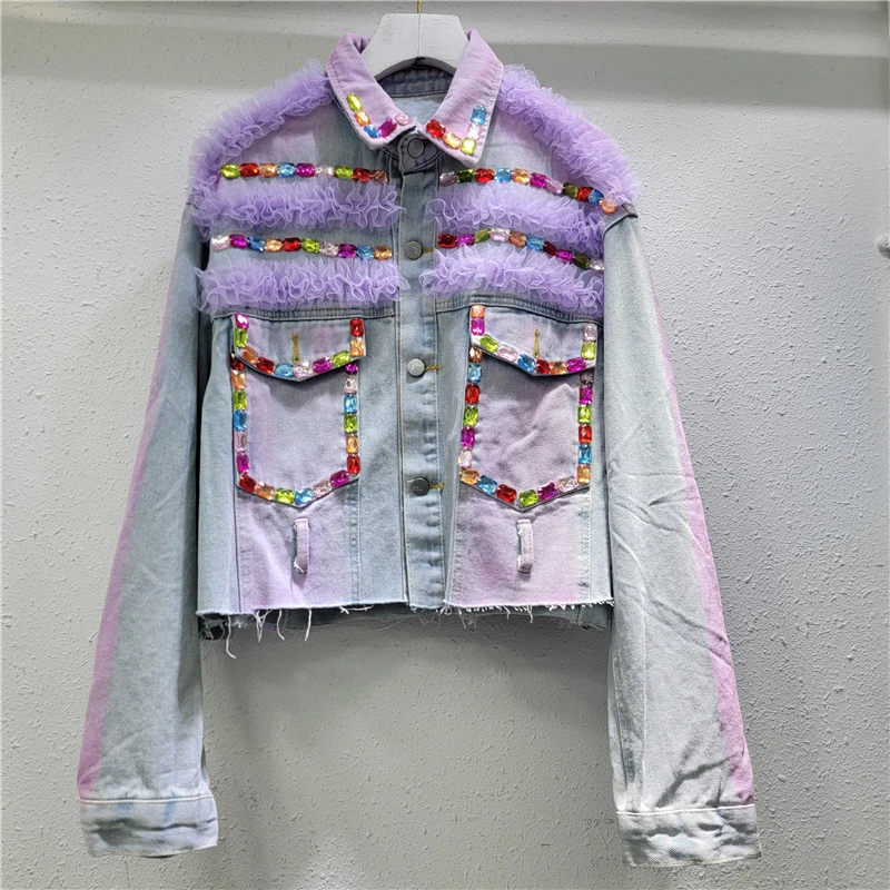 Heavy Industry Beaded Denim Jacket Women's Spring Sequins High Street Short Small Fashion Foreign Design Top Street Coat 2025