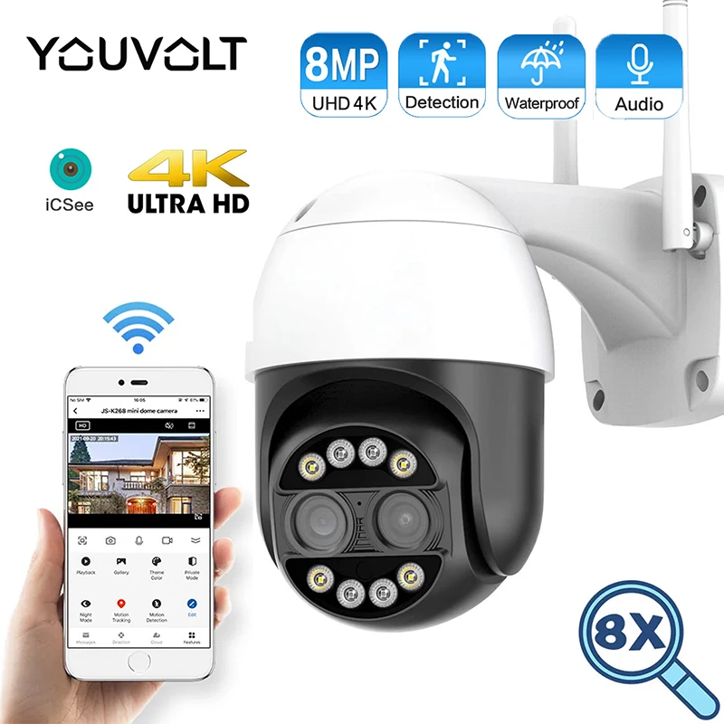 

8MP 4K PTZ WIFI Camera Dual-Lens 8X Digital Zoom Two-Way Audio Human Detection 4MP ONVIF Surveillance Wireless IP Camera Icsee