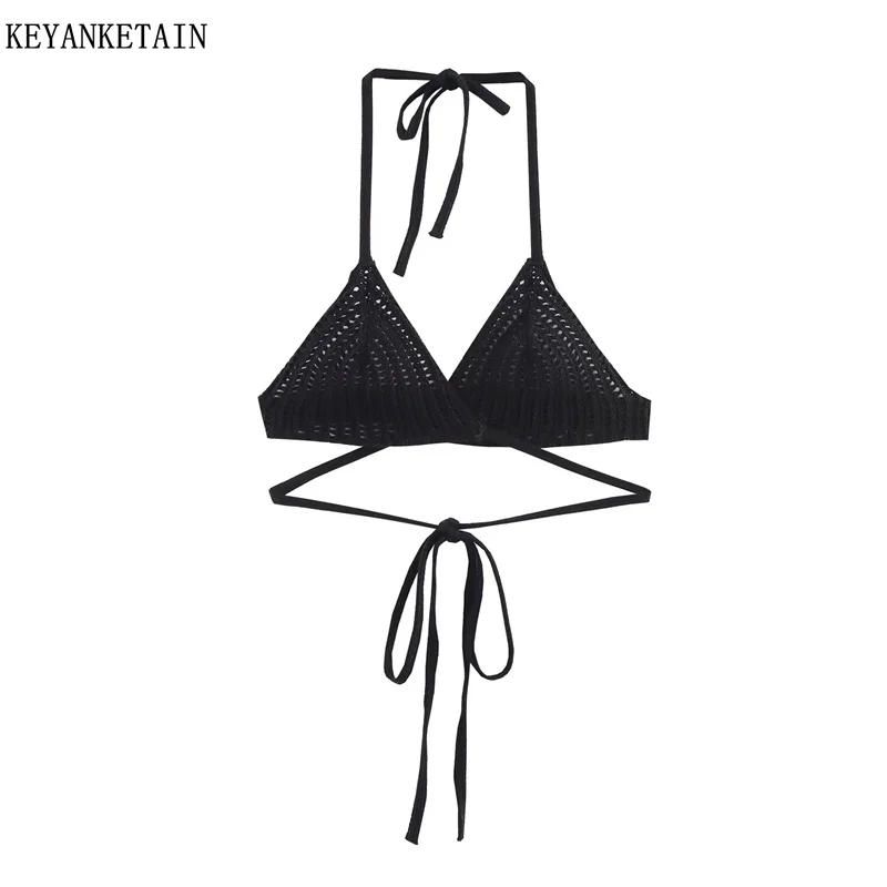 

KEYANKETIAN, новый летний женский черный вязаный корсет с лямкой на шее, пляжная одежда, праздничный ветер, сексуальный укороченный топ на шнуровке, тонкий жилет с открытой спиной