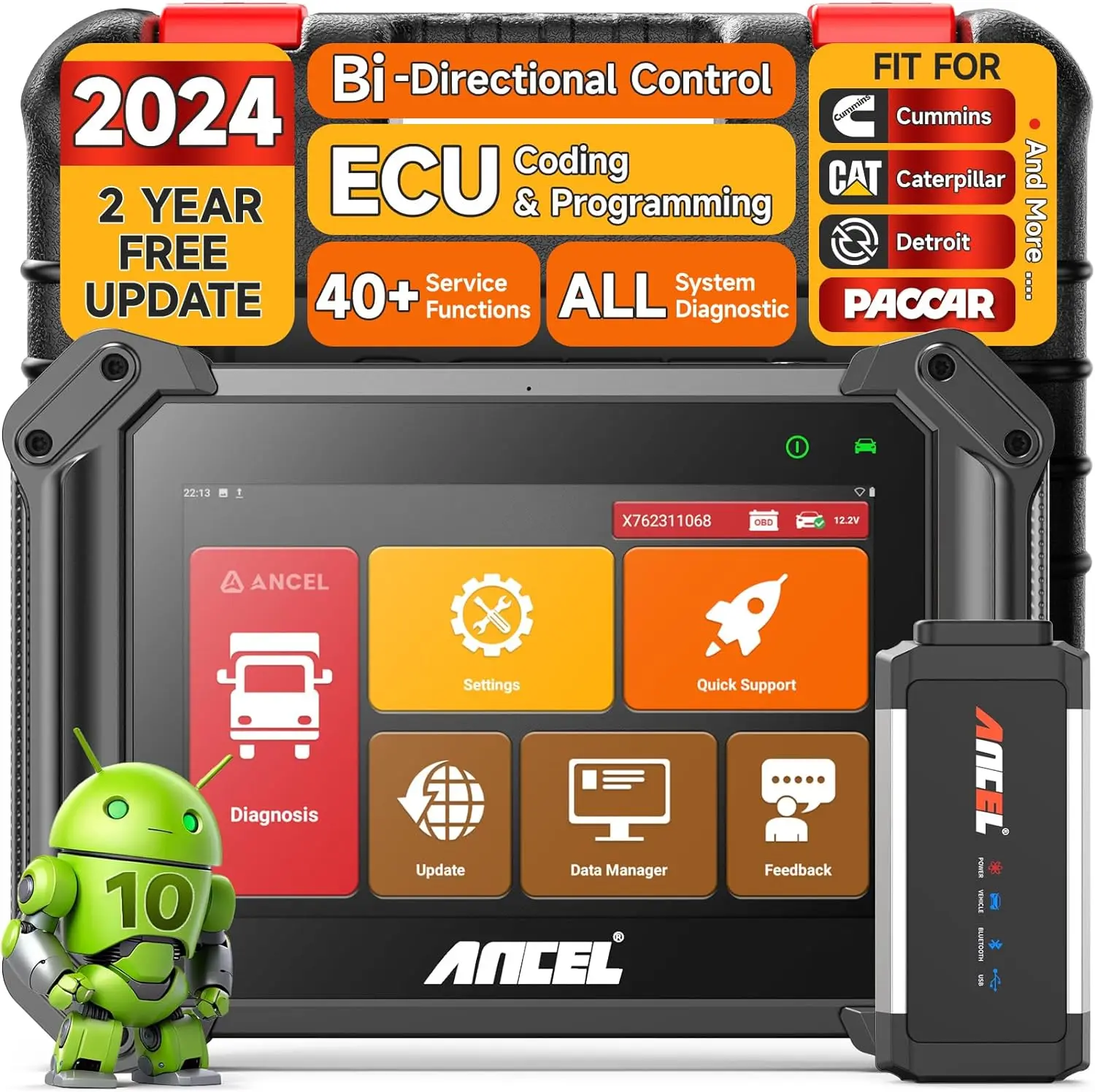 ANCEL V6 HD Bluetooth Heavy Duty Truck Diagnostic Scan Tool All System 40+ Resets Diesel OBD2 Truck Scanner for Cummins/Detroit