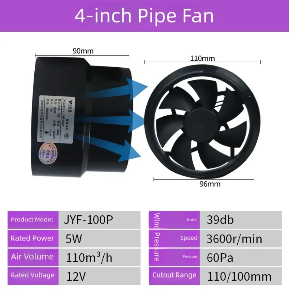 

Powerful Duct Extractor Fan 12V Ventilation Exhaust Fan 100mm-110mm For Home Outdoor Powered By 12V Solar Panel/power Adapter