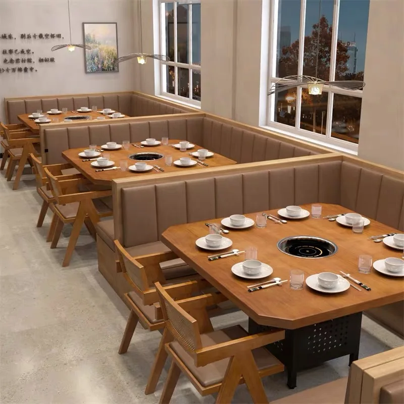 Solid wood induction cooker hot pot table and chair combination hotel barbecue shop solid wood dining table and chair commercial