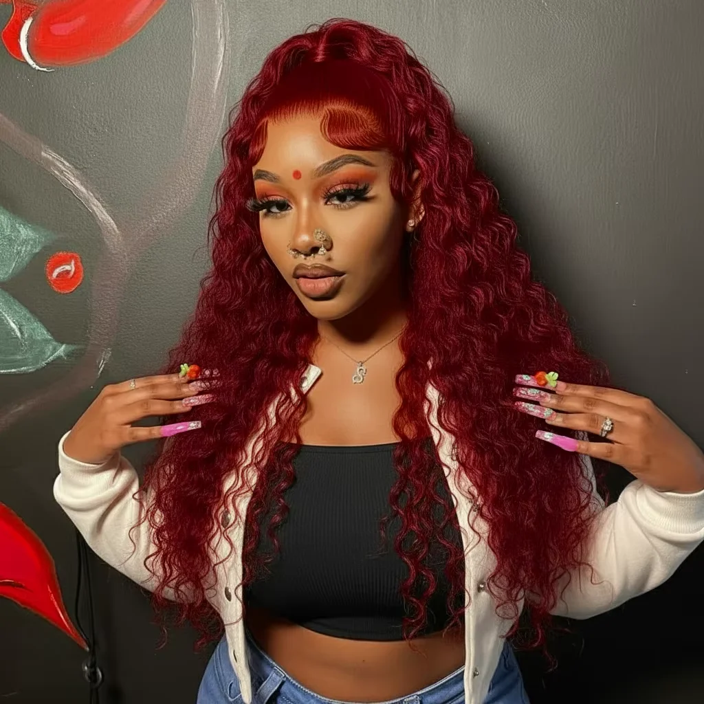 

99J Burgundy Deep Wave 13x4 13x6 HD Lace Frontal Human Hair Wigs Pre Plucked Brazilian Remy Hair Lace Front Wigs for Black Women