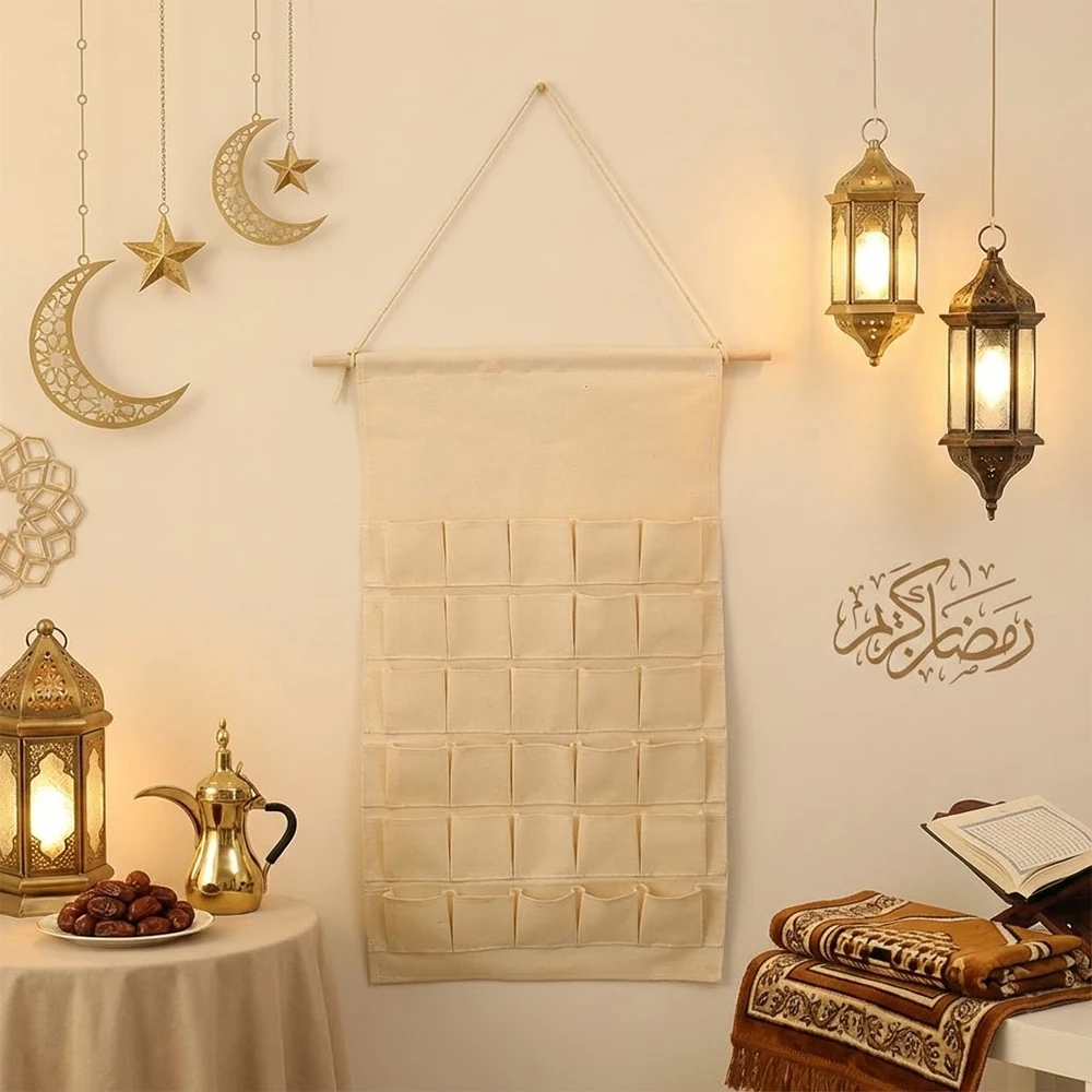 Fabric Advent Calendar With 30 Pockets Eid Mubarak Ramadan Kareem Hanging Wall Calendar To Fill Yourself Countdown Decoration