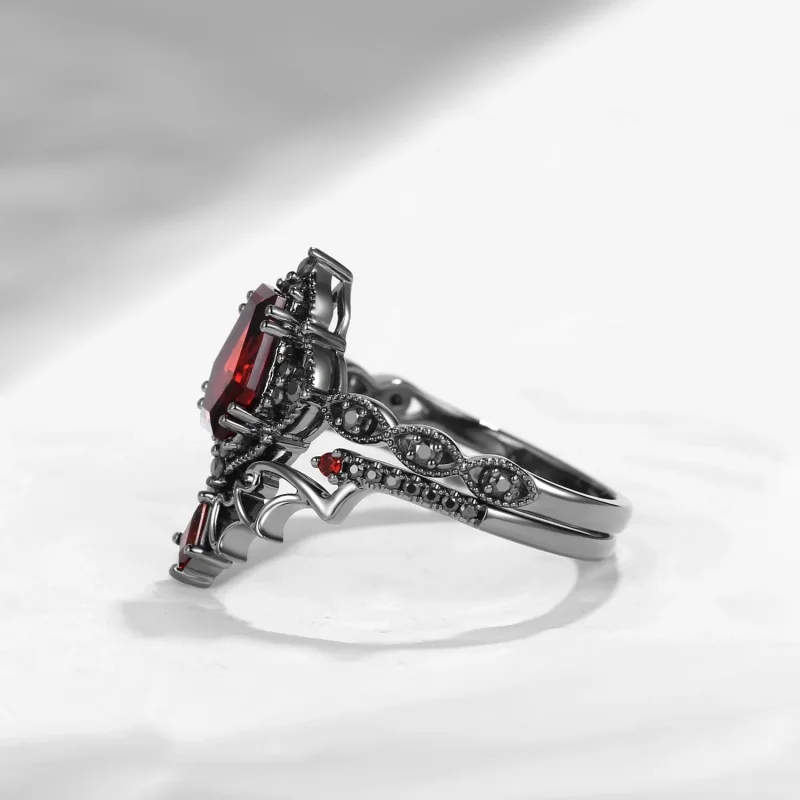 2 Stück/Set Modischer Eingelegter Roter Synthetischer Zirkonia Schwarzer Doppelschichtiger Ring Damen Gothic Täglicher Schmuck Accessoires Geschenke – Detail 5