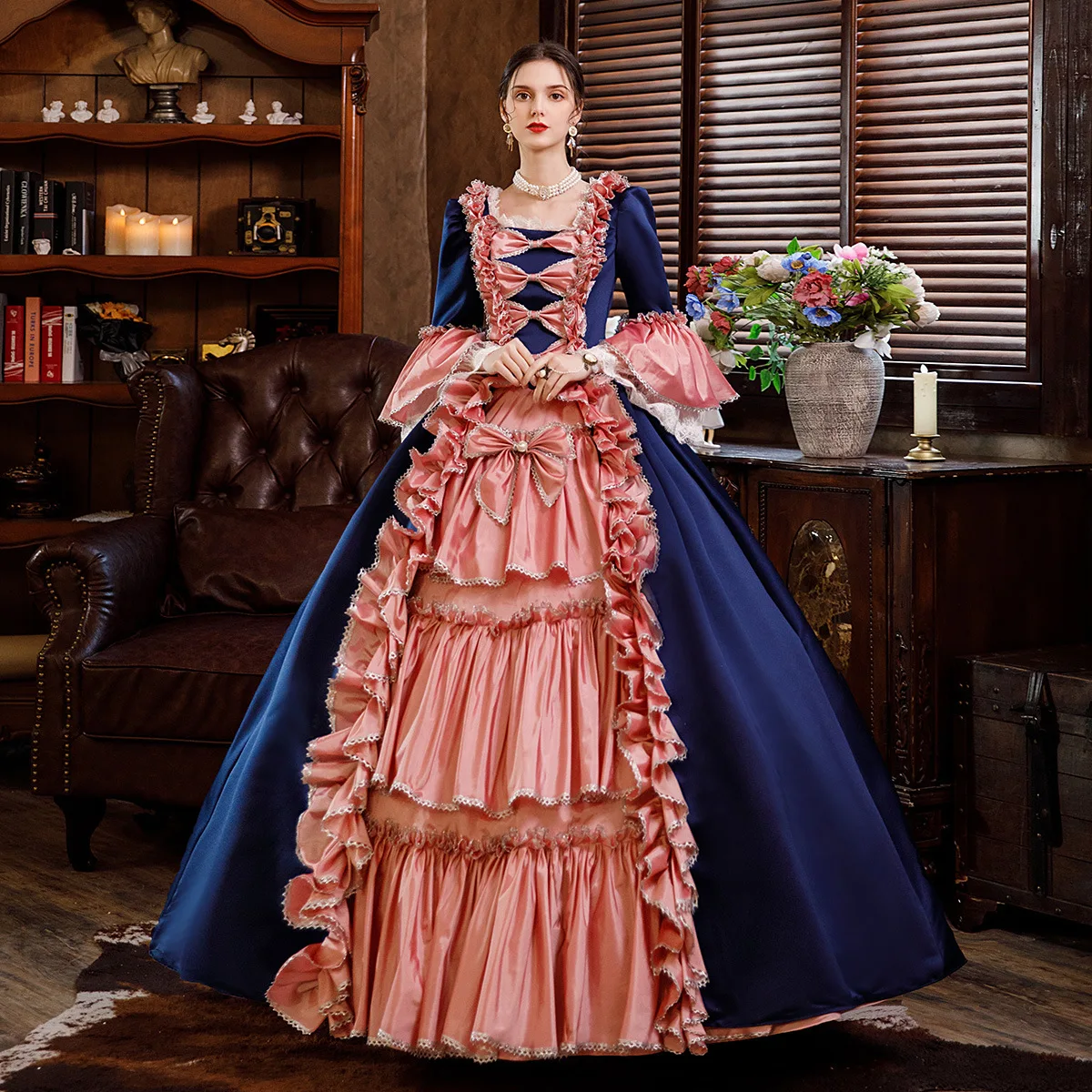 

Navy Blue Noble Princess Oil Painting Travel Photo Banquet Costume Party Drama Performance British Dress Wedding Guest Jumpsuit