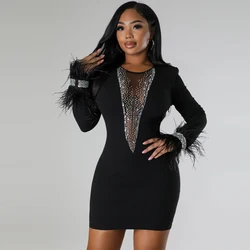 Female Clothing Evening Dress Sexy Mesh Patchwork Tight Mini Skirt Women's Feather Long Sleeved Perspective Birthday Dress Luxur