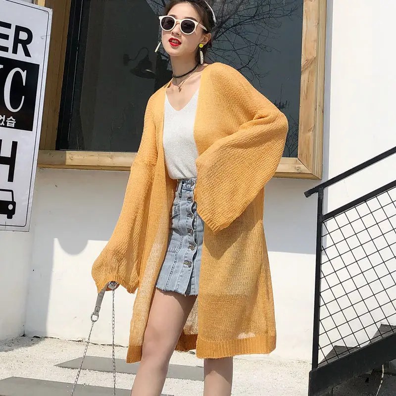 Long Causal Cardigan Sweaters Women Hollow Out Knitted Summer Knitwear Ladies V-Neck Girls Cardigans Long Sleeve Jumper Female