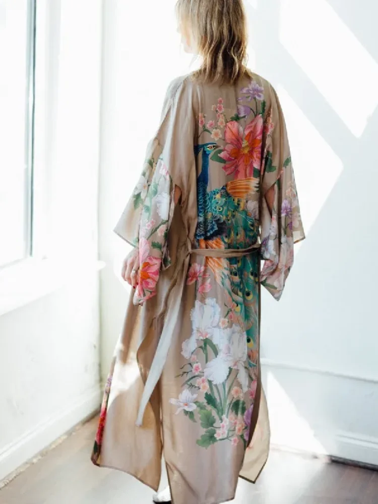 2023 Bohemian Printed Summer Beach Wear Clothing Long Kimono Autumn Plus Size Tunic Women Tops Self Belted Wrap Coat A155