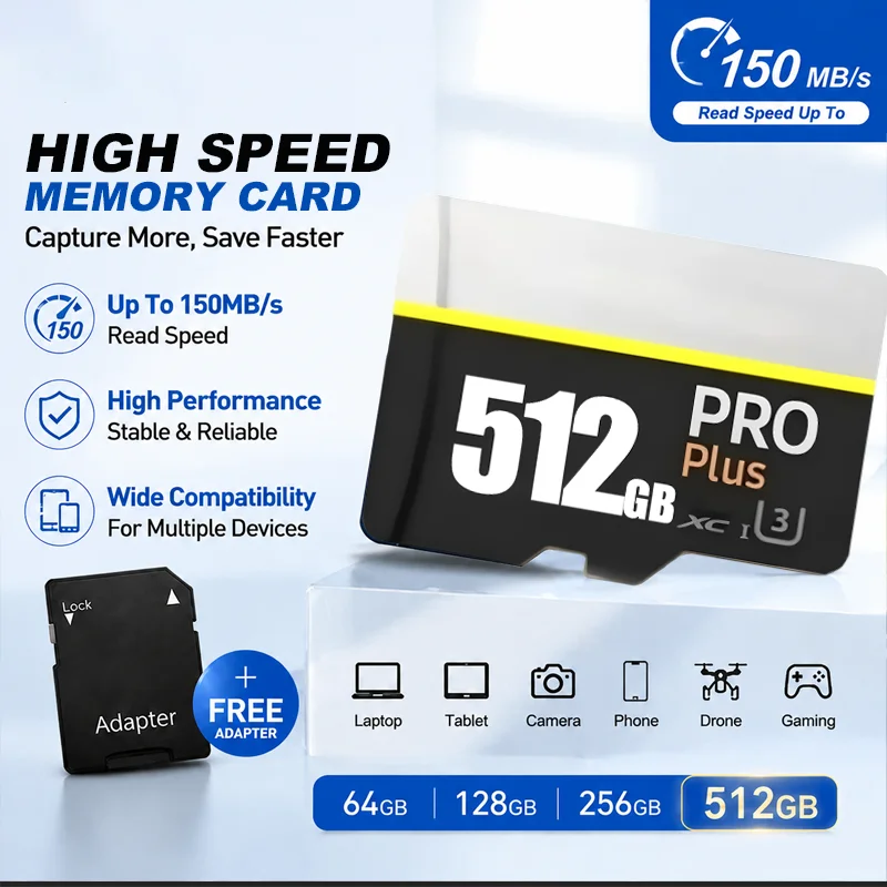 Original 2TB High-Speed V30 A2 4K SD Card 512GB 256GB Memory Card 1TB Micro TF SD Adapter for Smart Phone/Tablet/PC Cross-Use