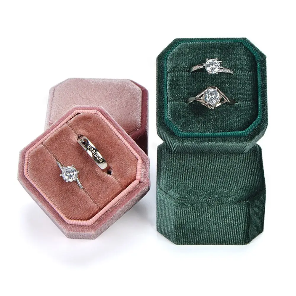 New Velvet Jewelry Box With Detachable Lid Exquisite Double Ring Storage Case Octagon Square Ring Display Box Engagement