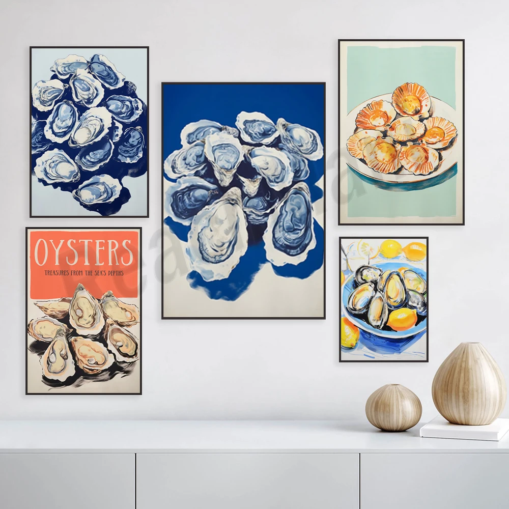 Vintage seafood poster, oysters and scallops, food art coastal print, french bistro kitchen wall art decoration, seashell art,