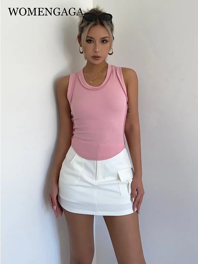 

Pink WOMENGAGA Irregular Tank Sleeve Vest For Women Summer New Korean Slim Sleeveless Bralette Crop Top Workout Fashion X6S7