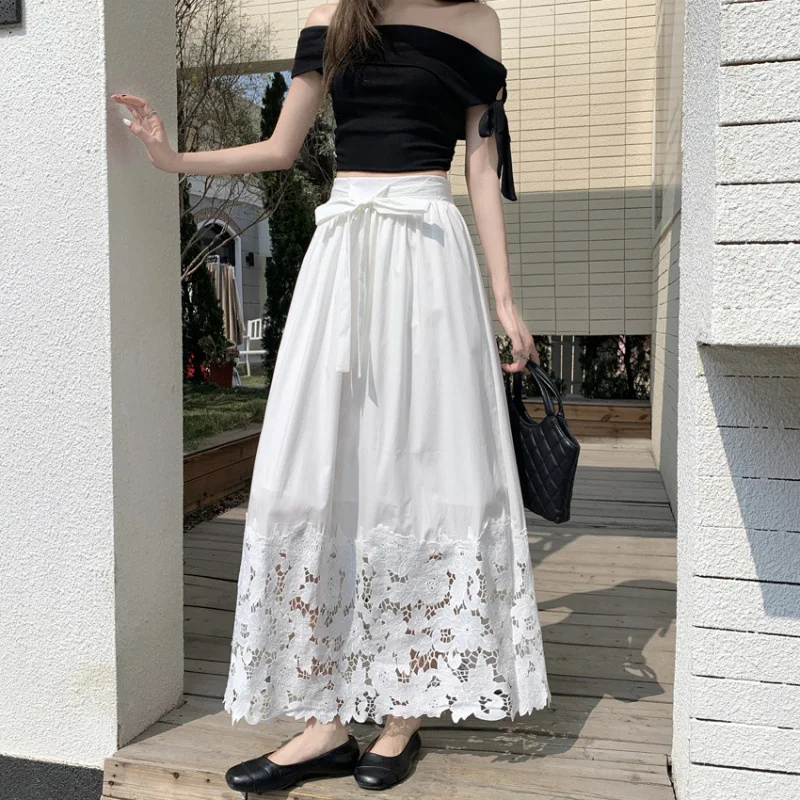 2026 Women's French Style Lace-Up Midi Skirt Niche Design White Lace Elegant Skirt