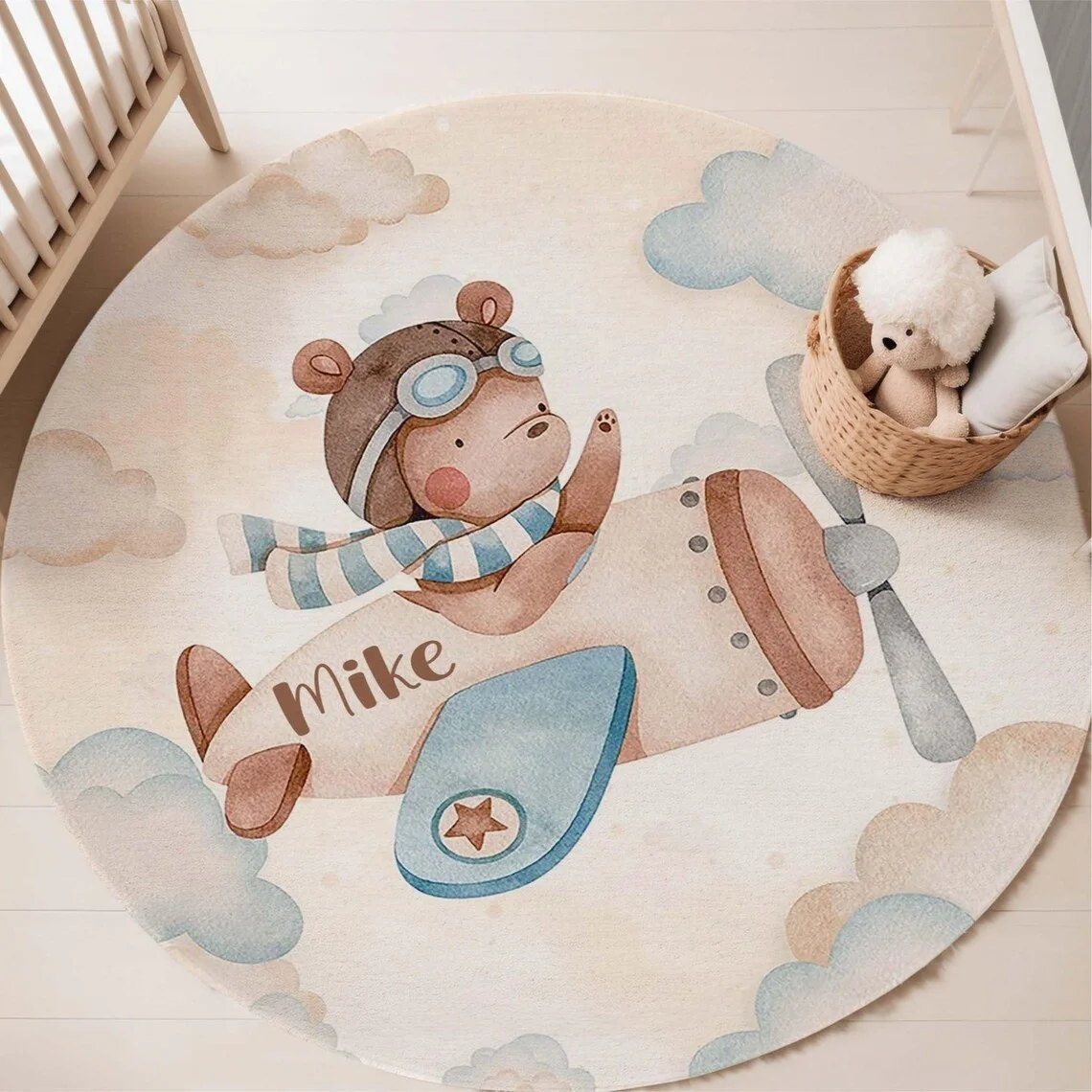 Watercolor Pilot Bear Airplane Round Rug Non Slip Washable Floor Mat for Kids Bedroom Playroom Nursery Indoor Home Decor