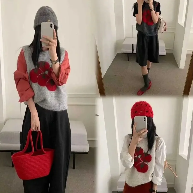 

2025 корейский стиль с круглым вырезом, новый свободный вязаный жилет, свитер, женский жилет, топ, жилет без рукавов в западном стиле с помидорами