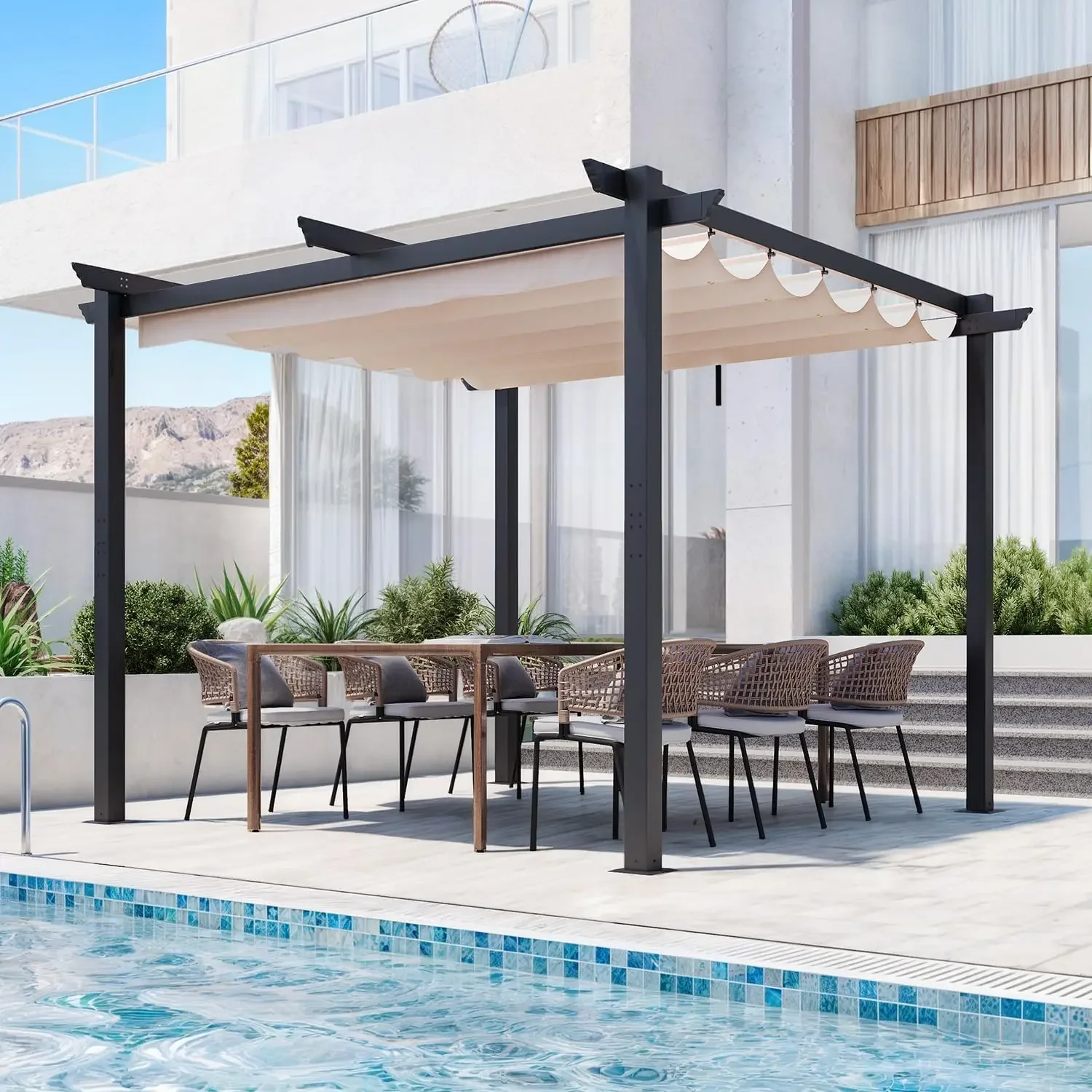 

Retractable Pergola 10' x 10', Metal Freestanding Shelter with Adjustable Sun Shade Canopy for Patios, Beige